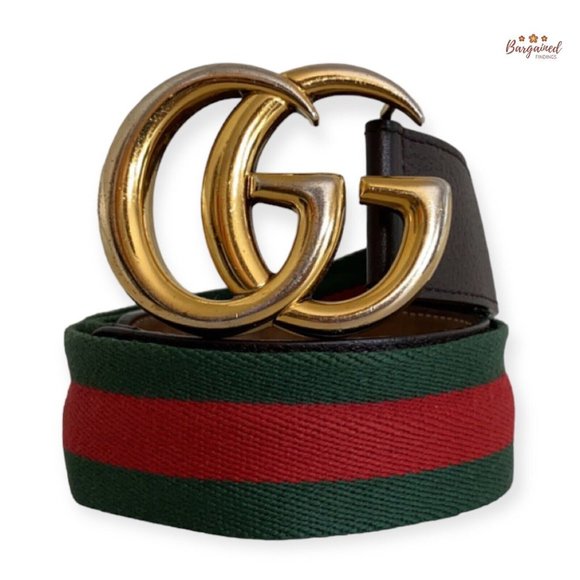 Auth Gucci Web Green/Red Canvas Brown Leather Gold Double G Buckle Belt 75/30